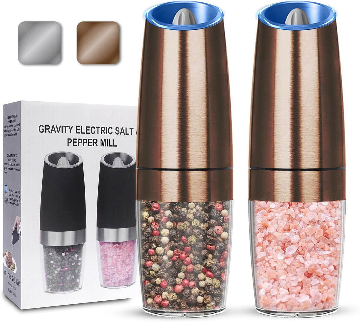 UNNEES Battery Operated Gravity Salt And Pepper Grinder Set, 2 Pcs (Black)
