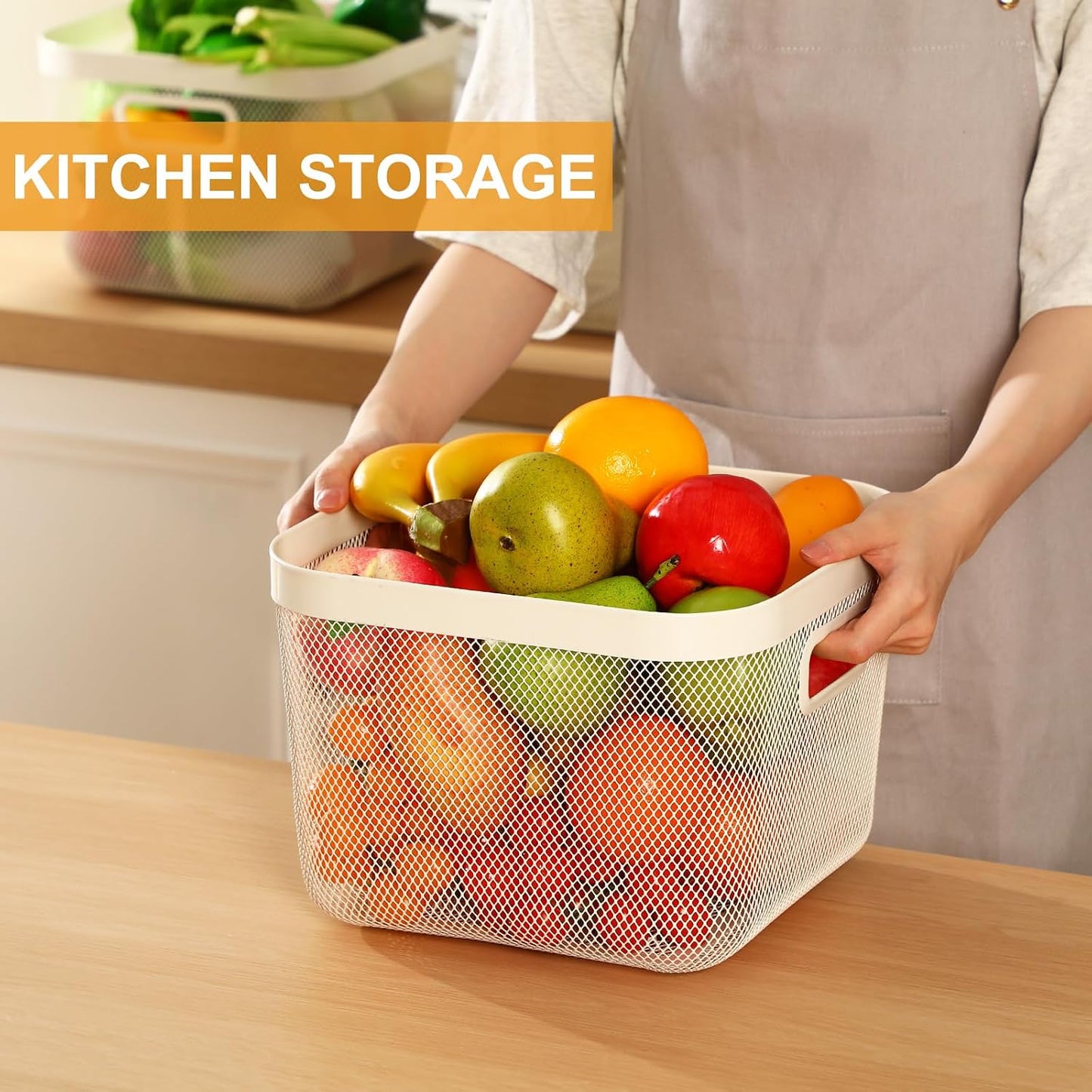 MorningRo 6 Pack Metal Mesh Basket with Hollow Handles Black Wire Storage Bin for Organizing Stackable Metal Fine Mesh Basket for Pantry Bathroom Kitchen Cabinets Shelves (Medium)