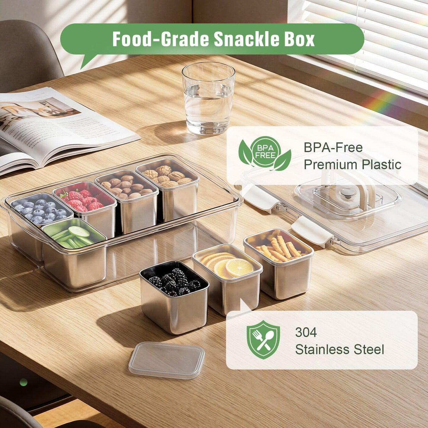 Snackle Box Container, 304 Stainless Steel Divided Serving Tray with Lid and Handle, Portable 8 Compartments Veggie Tray for Fruits,Veggies,Nuts &Candy, Dishwasher Safe for Travel,Picnic,Beach&Parties