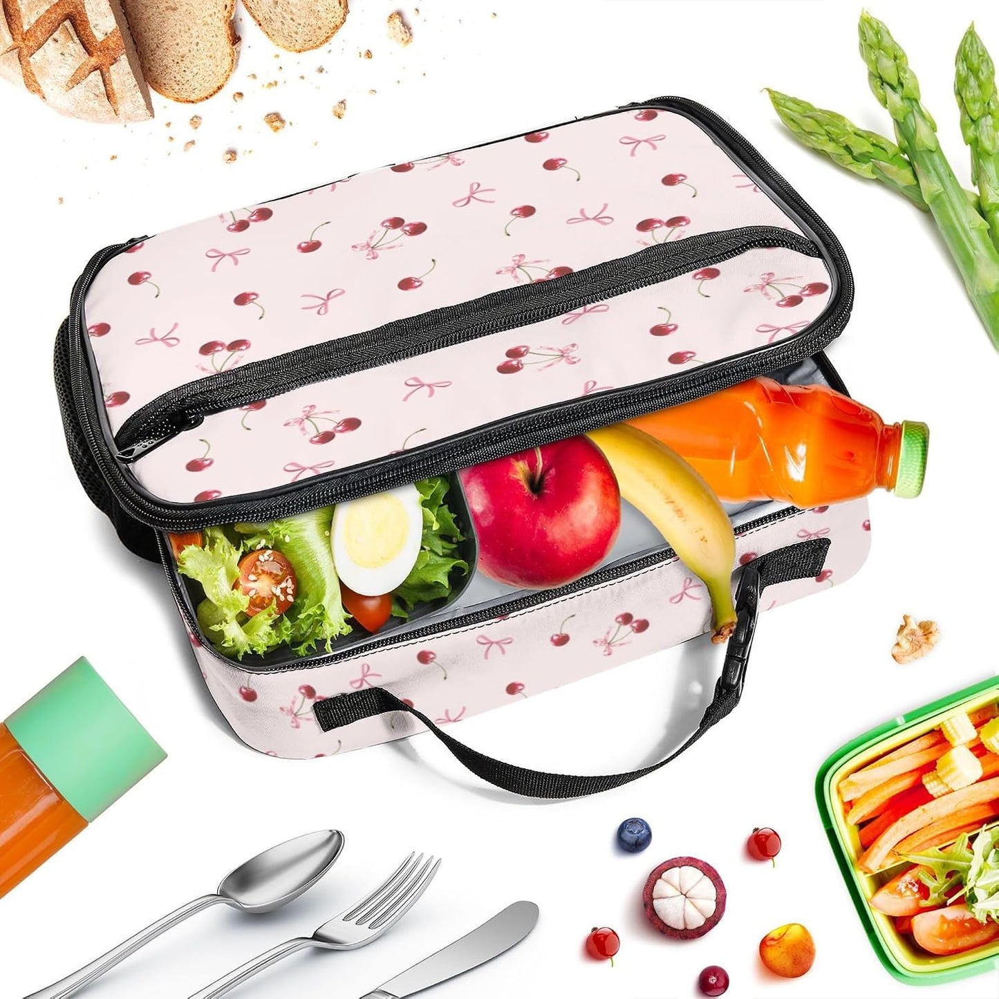 Large Lunch Box for Girls Insulated Lunch Bag with Water Bottle Holder Front Zipper Pocket Leakproof Waterproof Reusable Lunch Tote Bag for Work Picnic Camping Back to School (pink floral)