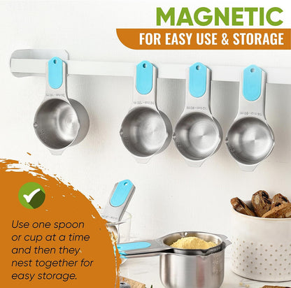Spring Chef Magnetic Measuring Cups & Spoons Set, Patented, Strong N45 Magnets, Heavy Duty Stainless Steel Fits in Spice Jars for Baking & Cooking, BPA Free, Round Set of 15 with Leveler, Black
