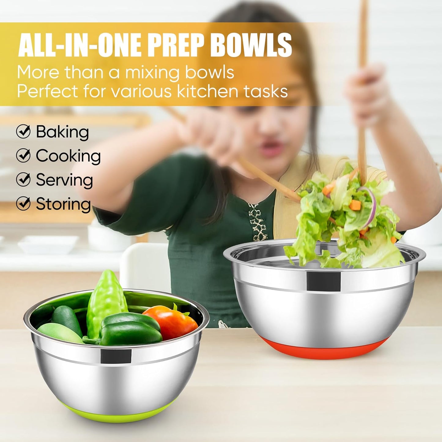 E-far Stainless Steel Mixing Bowls with Lids Set, 5-Piece Nesting Salad Bowls with 3 Grater Attachments and Non-Slip Bottoms, Size 4.6, 2.6, 2, 1.5, 1QT for Kitchen (Khaki)