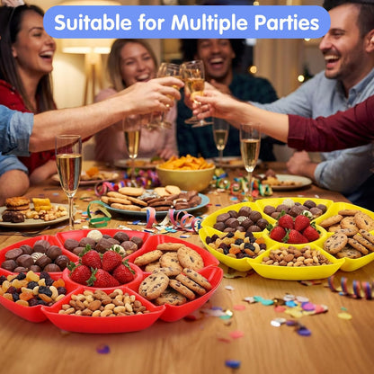 8-Pack Plastic Divided Serving Trays with 100 Forks, 7-Compartment Round Chip & Dip Plates, 10.4" Snack Platters for Party, Candy, Nuts, Fruits (8 Vibrant Colors)