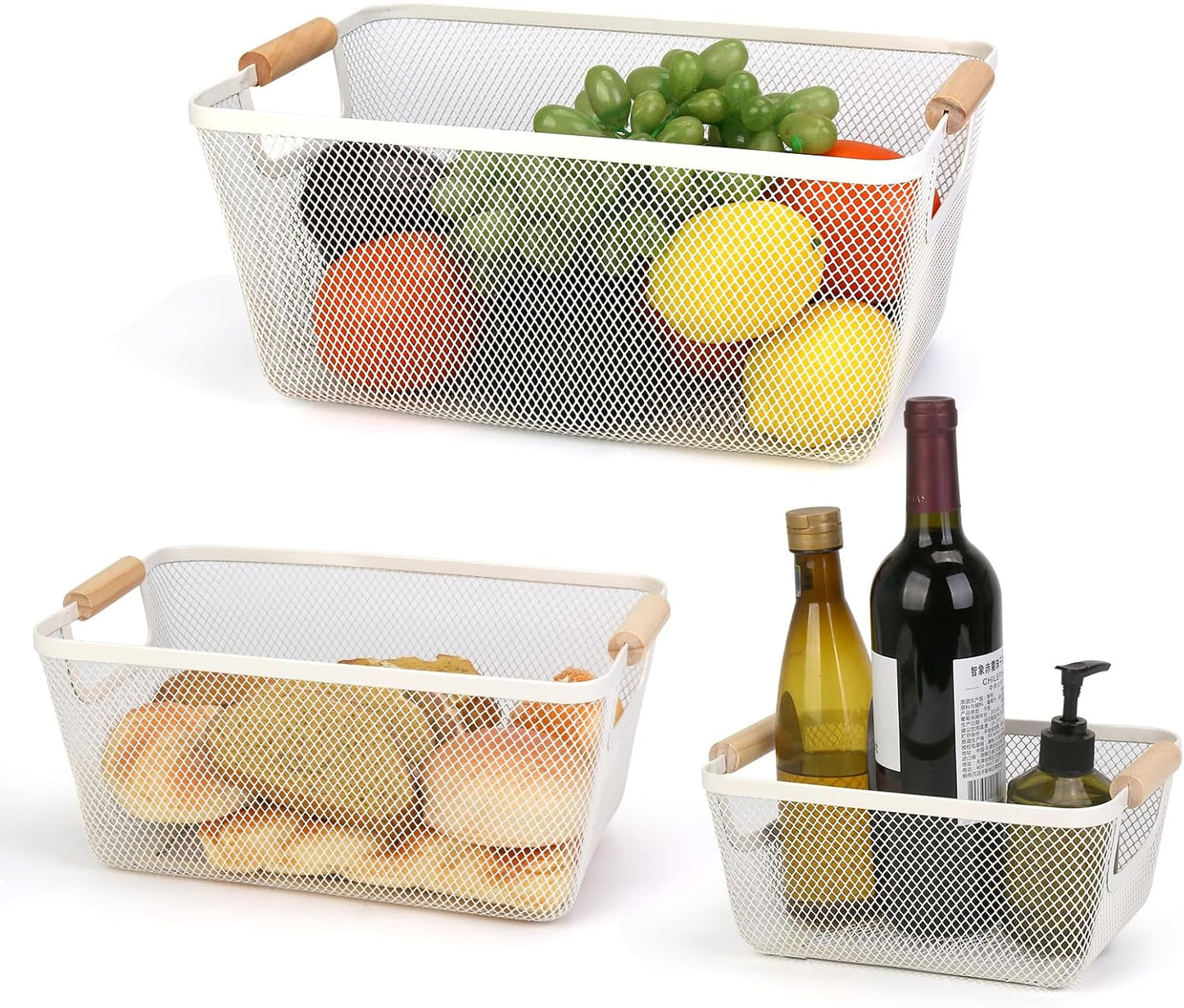 Wire Basket, 3 Pack Metal Mesh Pantry Basket with Wooden Handle for Organizing, 3 Sizes Black Wire Steel Bins Pantry Organizers and Storage, Kitchen Fruit Containers for Shelves Cabinets Organization