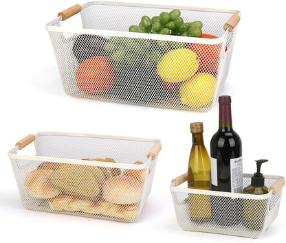 Wire Basket, 3 Pack Metal Mesh Pantry Basket with Wooden Handle for Organizing, 3 Sizes Black Wire Steel Bins Pantry Organizers and Storage, Kitchen Fruit Containers for Shelves Cabinets Organization