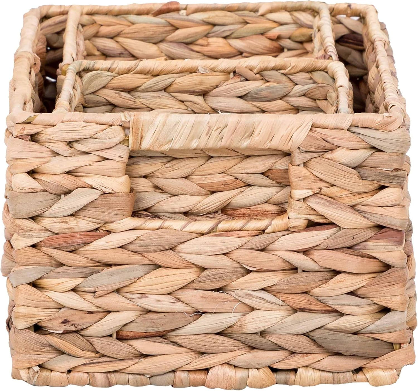 3-Piece Woven Water Hyacinth Storage Basket Set – Large Rectangular 16.1" x 6.7" x 5.9", 2 Small Square 5.9" x 5.9" x 4.7", for Pantry or Shelf