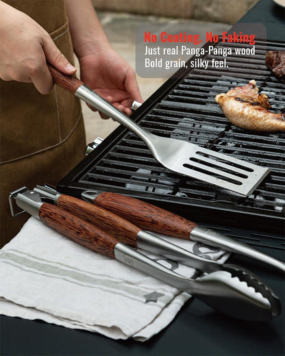GRILAZ Heavy-Duty Rose Wooden BBQ Grilling Tools Set. Extra Thick Stainless Steel Multi-Function Spatula, Fork & Tongs | Essential Accessories for Barbecue & Grill. Ideal Gift for Father…