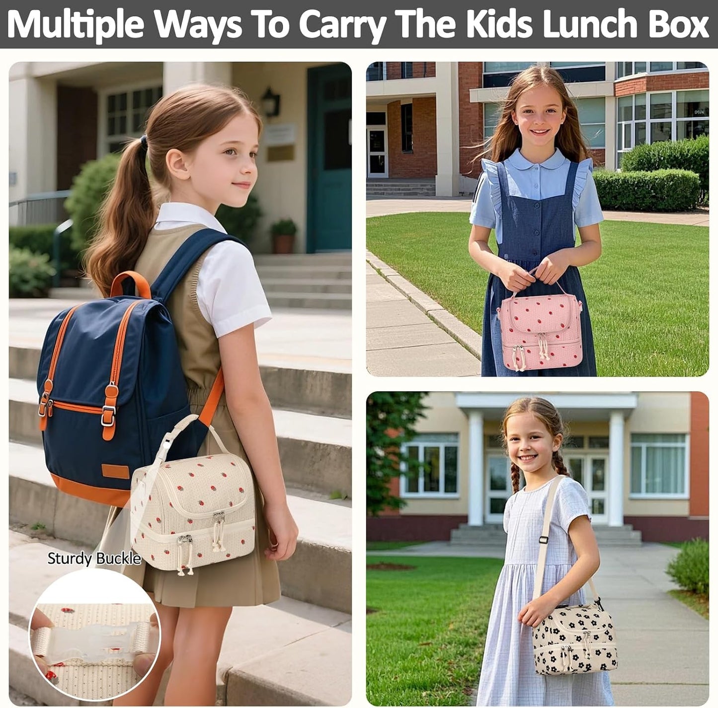 Vankor Corduroy Lunch Box Kids Insulated Lunch Bag Double Decker, Cute Leak-Proof Lunch Box for Boys Girls, Portable Cooler Lunch Bag Thermal Lunch Tote for School Picnic Travel, Light Blue