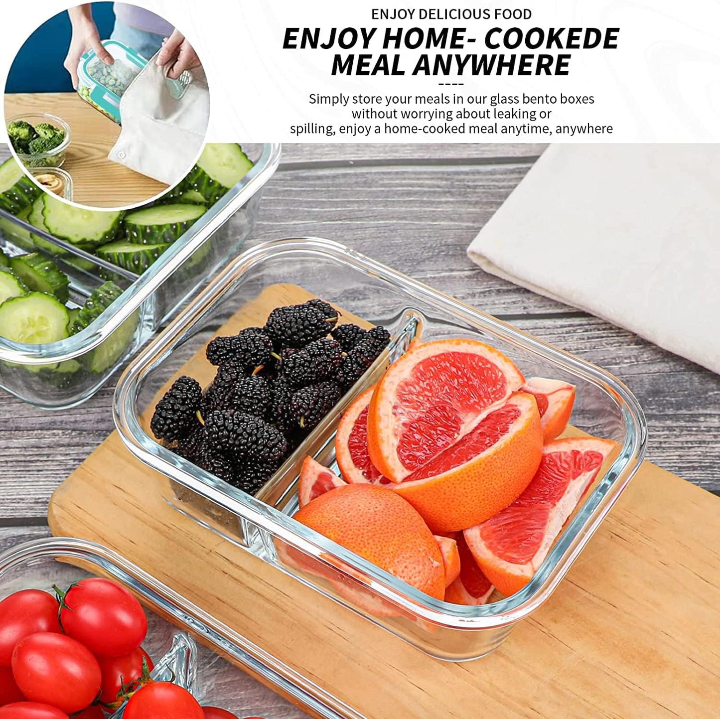KOMUEE 10 Packs 30oz Glass Meal Prep Containers 2 Compartments,Glass Food Storage Containers with Lids,Airtight Lunch Bento Boxes,Microwave,Oven,Freezer and Dishwasher Safe