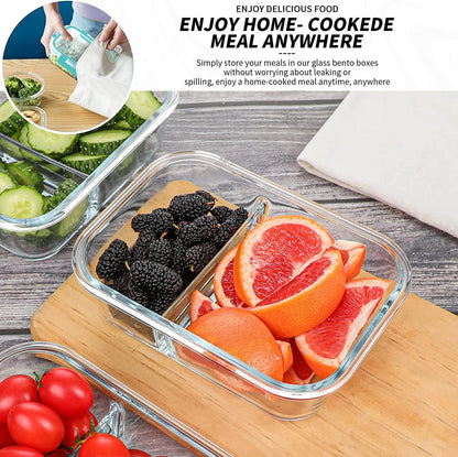 KOMUEE 10 Packs 30oz Glass Meal Prep Containers 2 Compartments,Glass Food Storage Containers with Lids,Airtight Lunch Bento Boxes,Microwave,Oven,Freezer and Dishwasher Safe