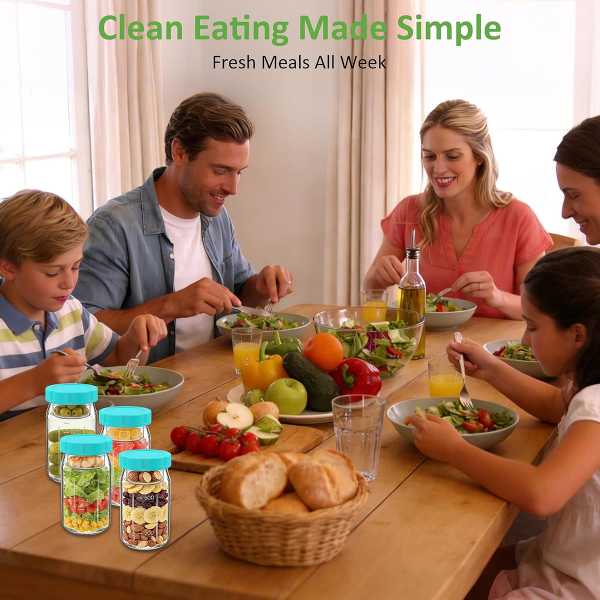 4Pack Glass Salad Jars with Lids, 32oz Salads Mason Jars with Wet/Dry Separation Cup, Meal Prep Salad Containers for Lunch, Leakproof Wide Mouth Food Storage Containers, BPA-Free Reusable (Black)