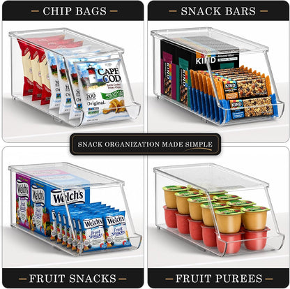 Sorbus Stackable Snack Organizer Bins Open Front – Clear Pantry Storage Bins for Chips, Snacks & Food Pouches – Kitchen Pantry Organizer (4 Pack) | Open Front, Clear, For Chips, Snacks & Food Pouches, Pantry Storage