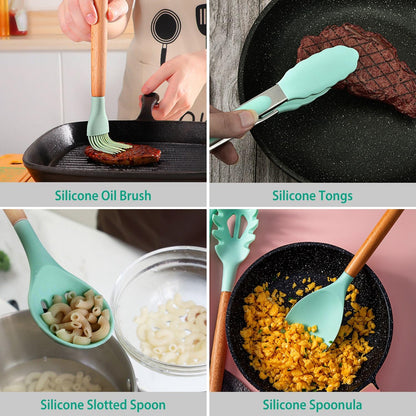 11 Piece Silicone Kitchen Utensil Set with Holder Heat Resistant Non Stick Cooking Tools with Wooden Handles Spatula Spoon Pasta Server Tongs Whisk Brush Black (Mint Green)