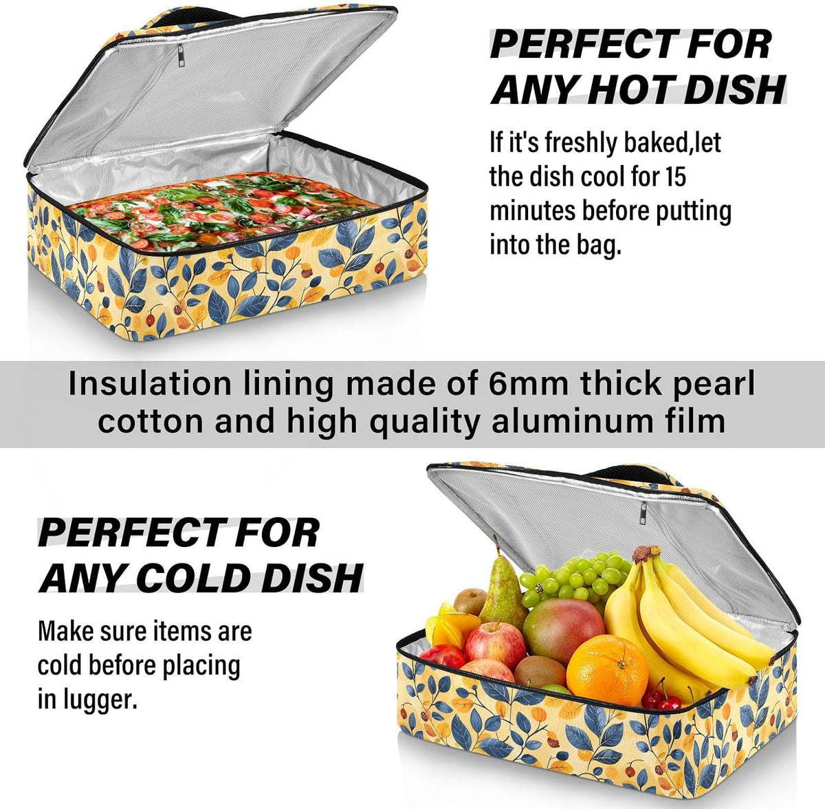 Casserole Carrier Insulated Yellow Lemon Blue Bows Dish 9x13 with Lid Party Travel Warmer Bag for Hot or Cold Food Lasagna Pizza Holder Tote - Colors B