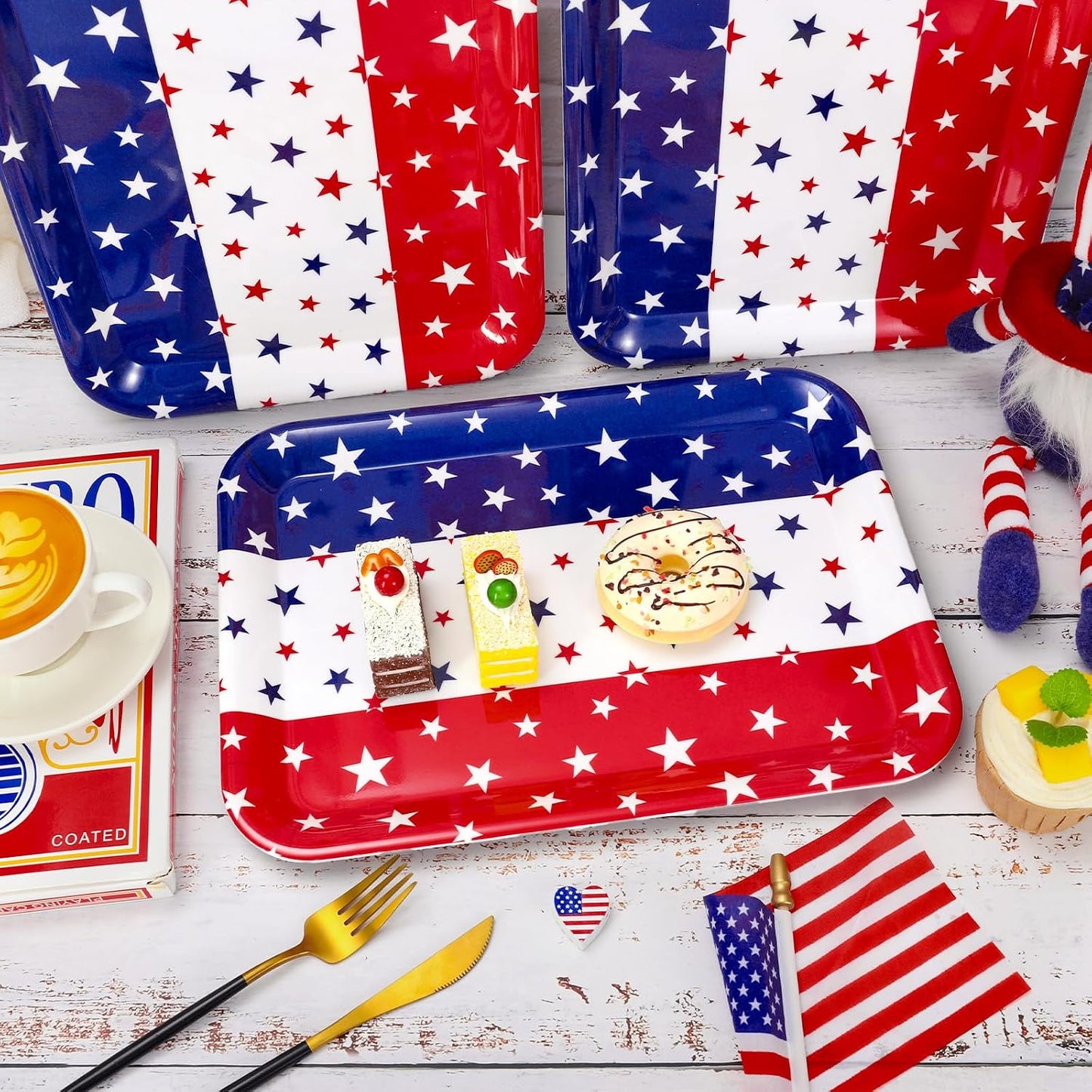 JarThenaAMCS 3PCS Patriotic Serving Trays Reusable Serving Dishes Red Blue White 4th of July Star Melamine Platter for Outdoor Party Independence Day Serving Food Snacks Fruits Dessert