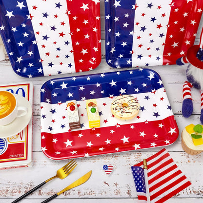 JarThenaAMCS 3PCS Patriotic Serving Trays Reusable Serving Dishes Red Blue White 4th of July Star Melamine Platter for Outdoor Party Independence Day Serving Food Snacks Fruits Dessert