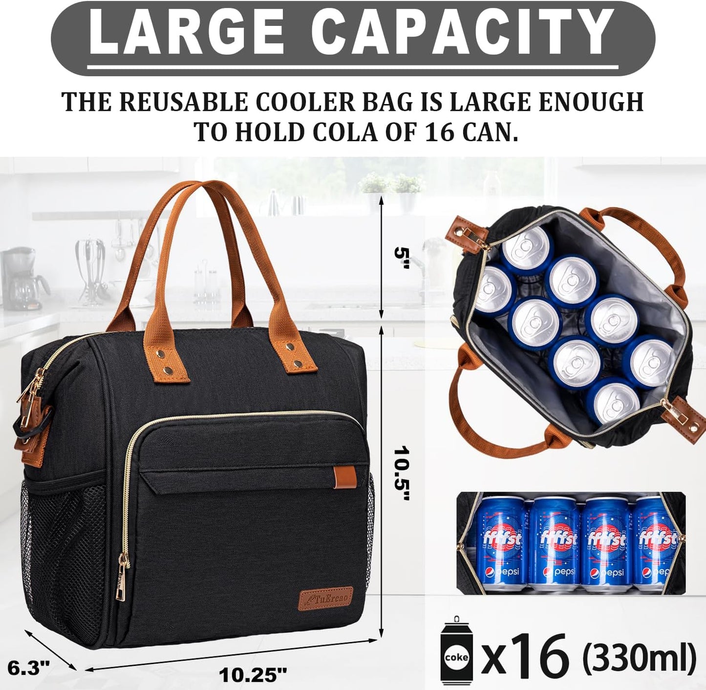 TuErCao Small Lunch Bag Lightweight Insulated Lunch Box for Women Work Portable Soft Cooler for Picnic Travel Road Trips, Loncheras para Mujer, Black