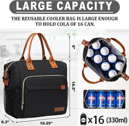 TuErCao Small Lunch Bag Lightweight Insulated Lunch Box for Women Work Portable Soft Cooler for Picnic Travel Road Trips, Loncheras para Mujer, Black