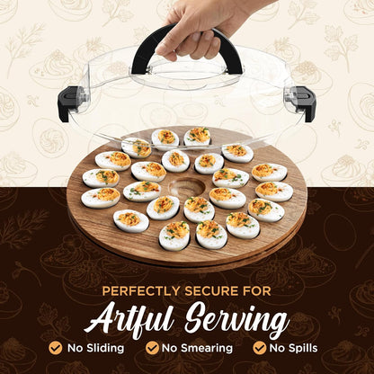Trauful Deviled Egg Carrier with Lid and Handle | Reversible | Wooden Portable Deviled Egg Containers with Lid for Party Travel | Covered Platter Tray Holder | Holds 22 Eggs, Acacia Wood