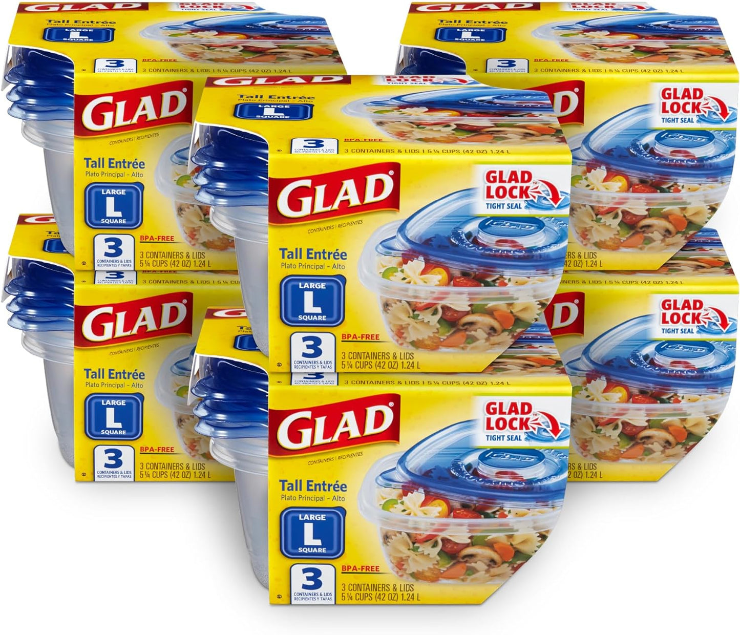 Glad GladWare To Go Snack Food Storage Containers with Lids, Medium Rectangle No BPA Plastic with Built-In Dressing Cup for Salads and Snacks, Microwave Dishwasher Safe, 24 Oz, 4 Count
