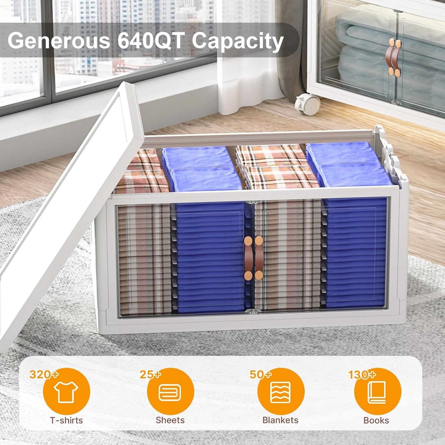 UAMFURI 720QT Stackable Storage Bins with Lids, Extra Large Storage Cabinet with Doors and Wheels, Collapsible Plastic Storage Box for Bedroom Dorm Office Garage