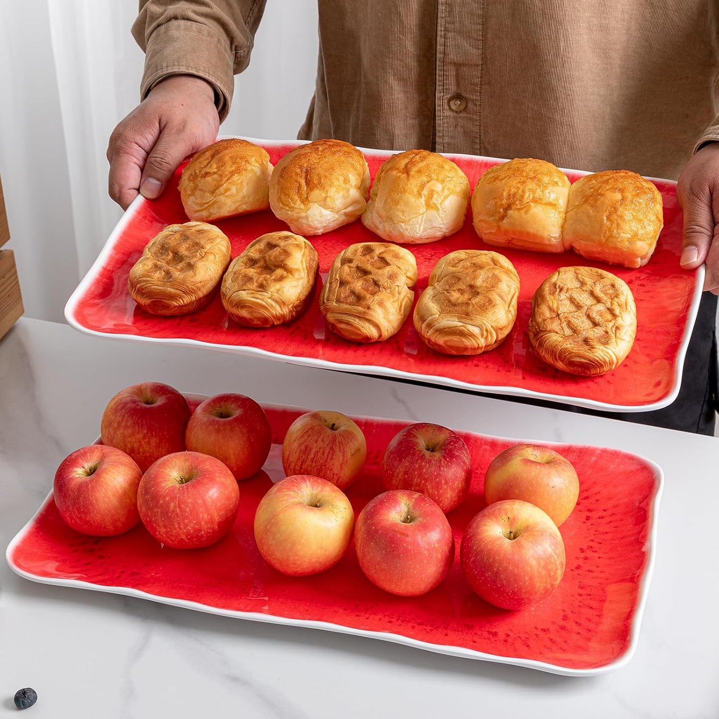 Melamine Serving Platters, set of 2, 17" x 10" Large Reusable BPA Free Rectangular Party Tray/Platters for Serving Appetizers, Fruits On Christmas and all Occasions,Red