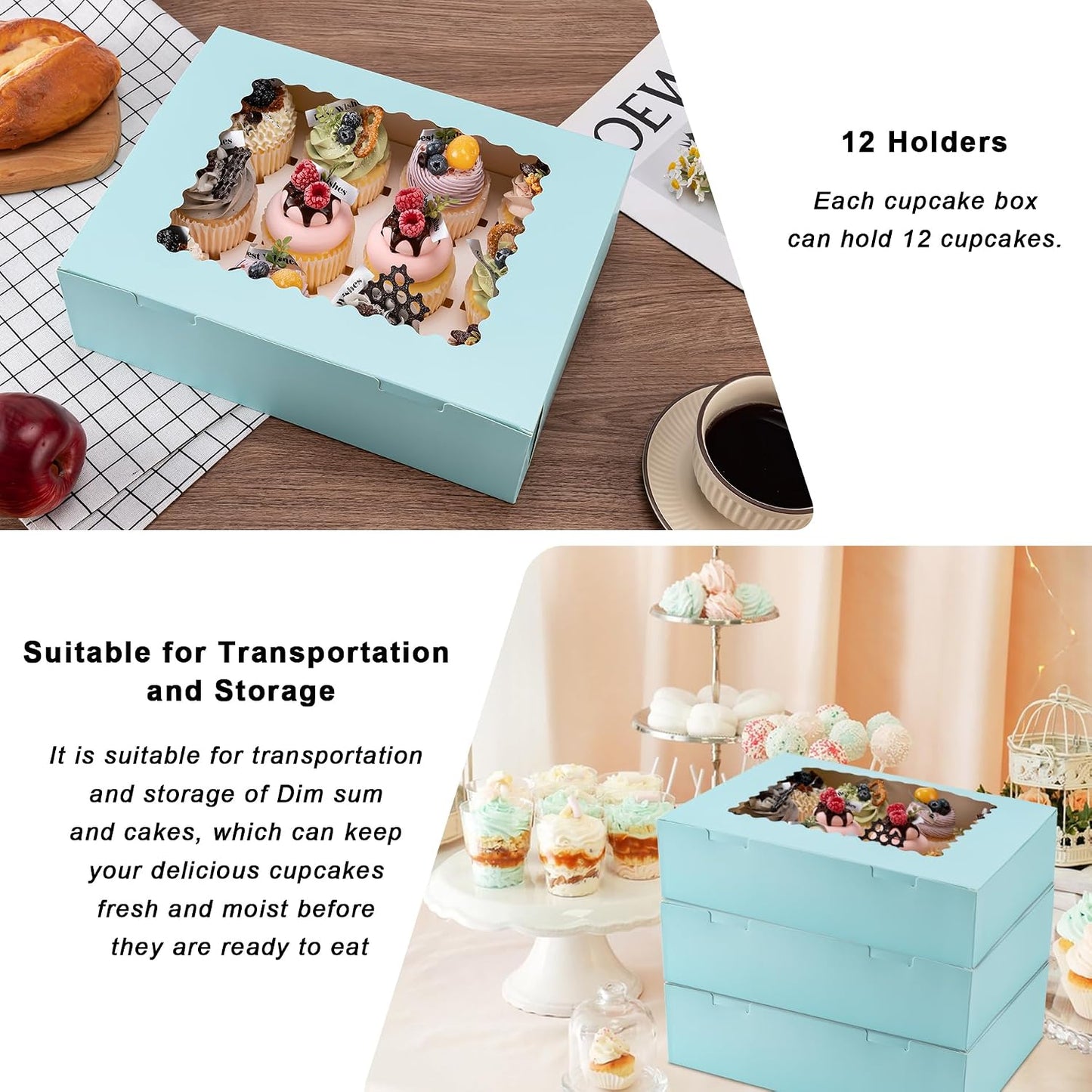 Hoewina 6PCS Cupcake Boxes - Hold 12 Count Cupcake Containers with Window, Food Grade Cupcake Holder Easy Transport and Presentation - Ideal for Cupcakes, Desserts, and More