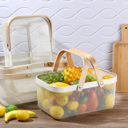 Sadnyy 2 Pcs Black Metal Wire Storage Basket with Handle Mesh Harvest Durable Vegetables Fruit Toy Basket for Garden Organizing, Kitchen, Countertop, Closet, Bedroom (12.6 x 9.7 x 4.3 Inch)