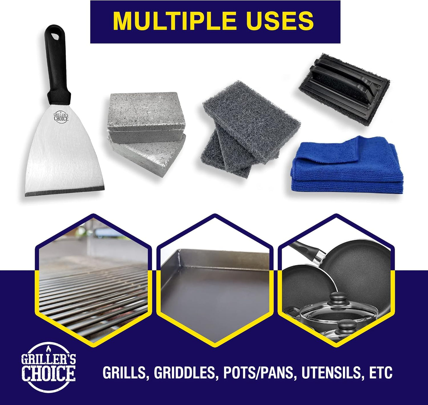 Grillers Choice Griddle Cleaning Kit, Flat Top Grill Set-Cleaning Blocks, Scouring Pads, Cleaning Brush, Scraper. All in One Grill Cleaning Kit (CleaningKitNEW)