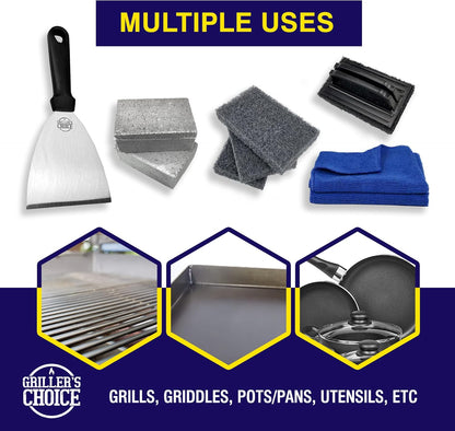 Grillers Choice Griddle Cleaning Kit, Flat Top Grill Set-Cleaning Blocks, Scouring Pads, Cleaning Brush, Scraper. All in One Grill Cleaning Kit (CleaningKitNEW)