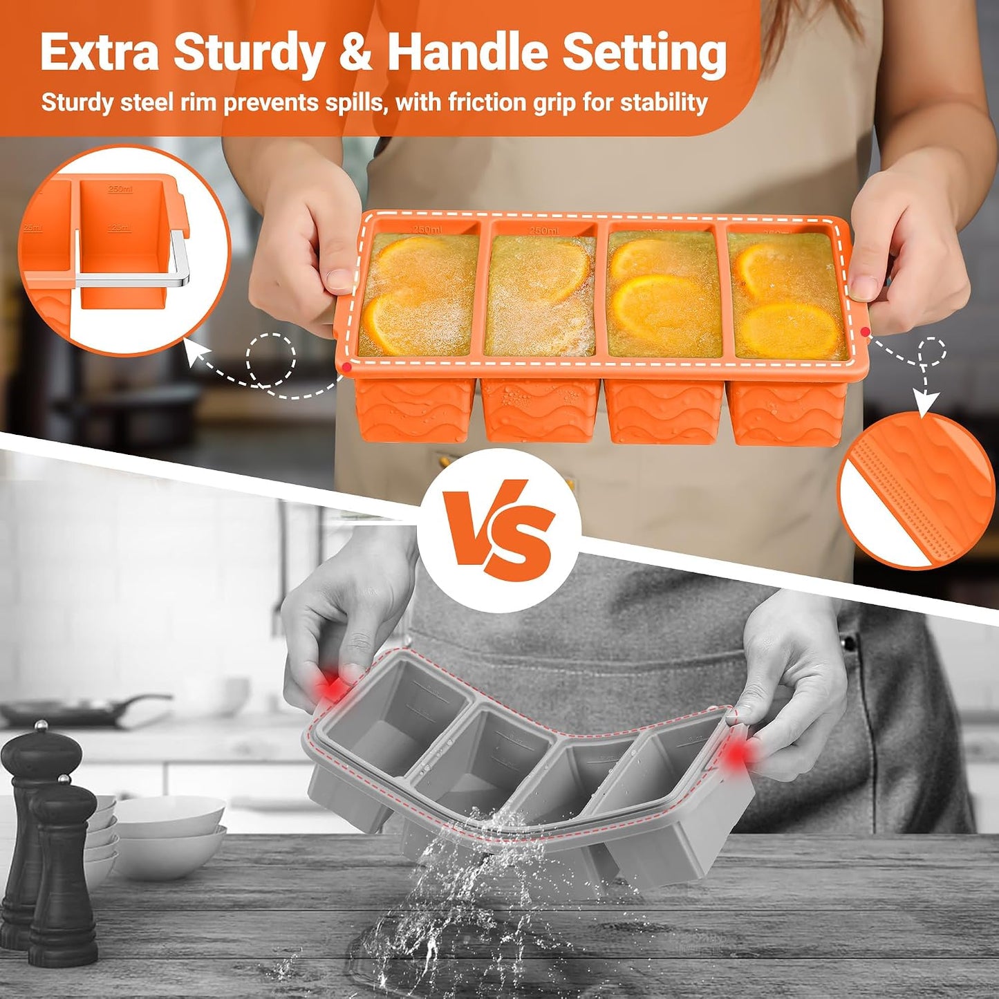 Silicone Freezer Trays with Lid for Soup, 1-Cup & 2-Cup Large Ice Cube Molds Food Storage Containers for Meal Prep, Freeze 500mL/250mL/125mL Portions – 2 Pack