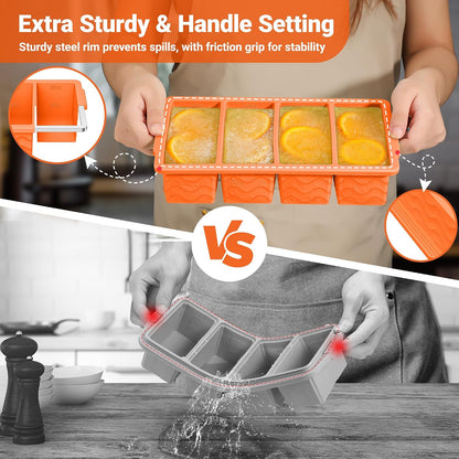 Silicone Freezer Trays with Lid for Soup, 1-Cup & 2-Cup Large Ice Cube Molds Food Storage Containers for Meal Prep, Freeze 500mL/250mL/125mL Portions – 2 Pack