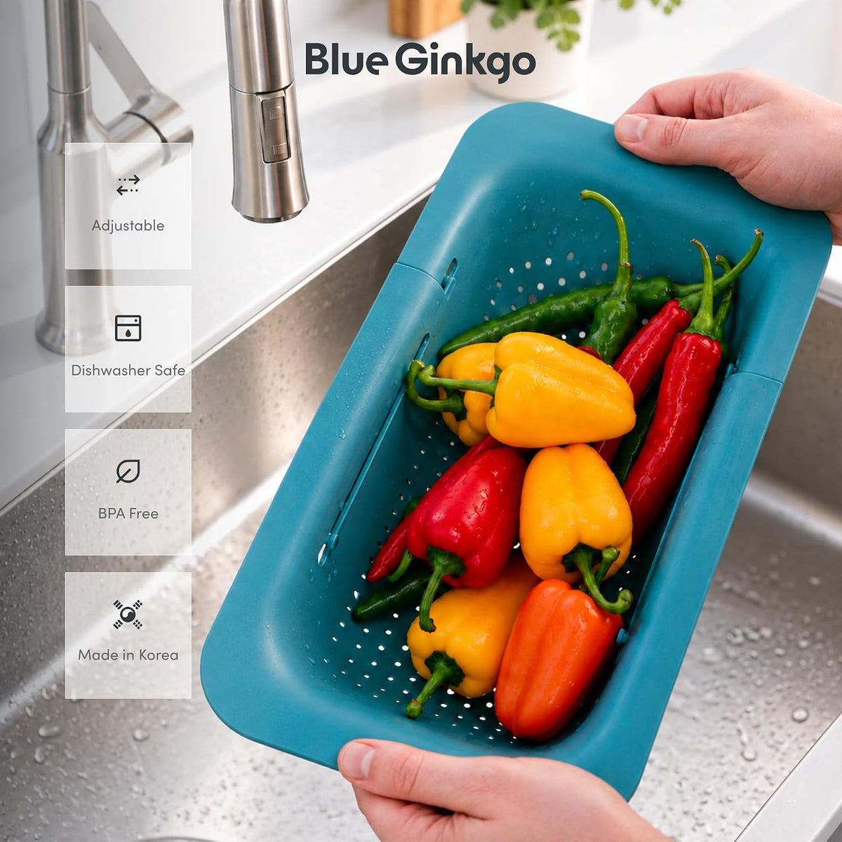 Blue Ginkgo Over Sink Colander, Extendable Kitchen Strainer, Black