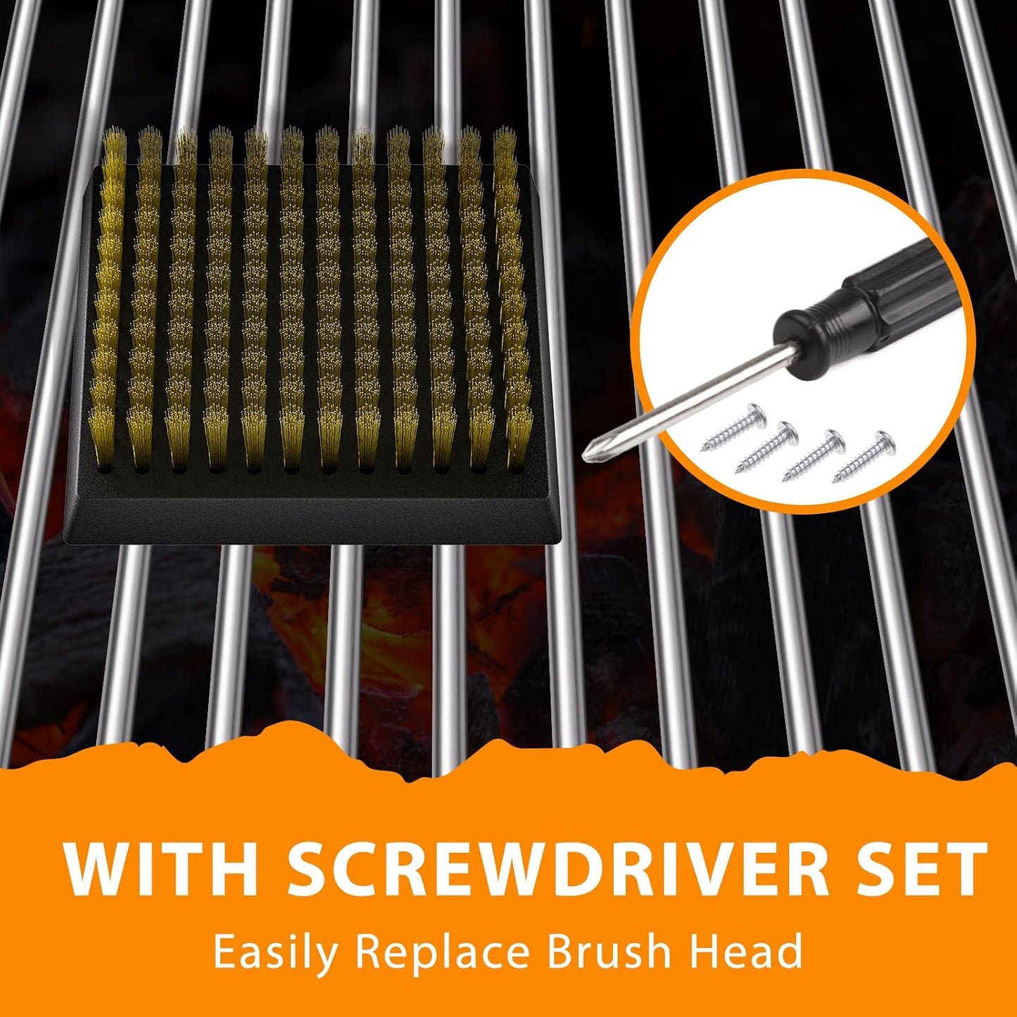 ENLOY Grill Brush and Scraper for Barbecue, 17" Grill Brush for Outdoor Grill, Extended Rosewood Handle and 2 Replaceable Copper Wire Brush Heads, Grill Cleaning Brush Grill Accessories for Most Grill