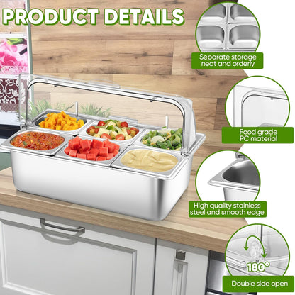 Countertop Food Serving Display Container with Clear Roll Top Cover, Stainless Steel Serving Tray Buffet Condiment Dispenser Ice Cooled Food Display Rack Pans(6 Pan)