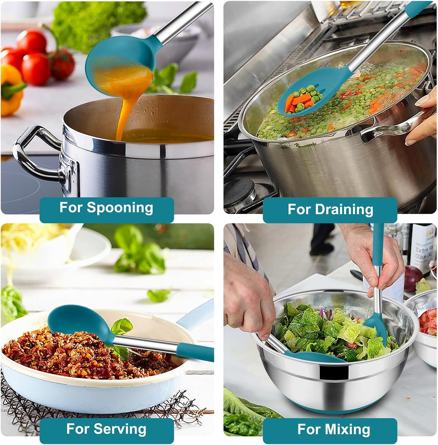 TeamFar Kitchen Utensils, 4 PCS Silicone Cooking Utensils Spatula Spoon Set with Stainless Steel Handle, for Frying Mixing Draining Turning, Healthy & Heat-proof, Non-stick & Dishwasher Safe - Black