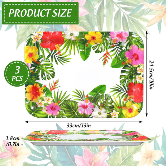 JarThenaAMCS 3Pcs Summer Tropical Luau Serving Trays Reusable Serving Dishes Watercolor Hawaiian Hibiscus Floral Monstera Melamine Platter for Pool Beach Aloha Birthday Party