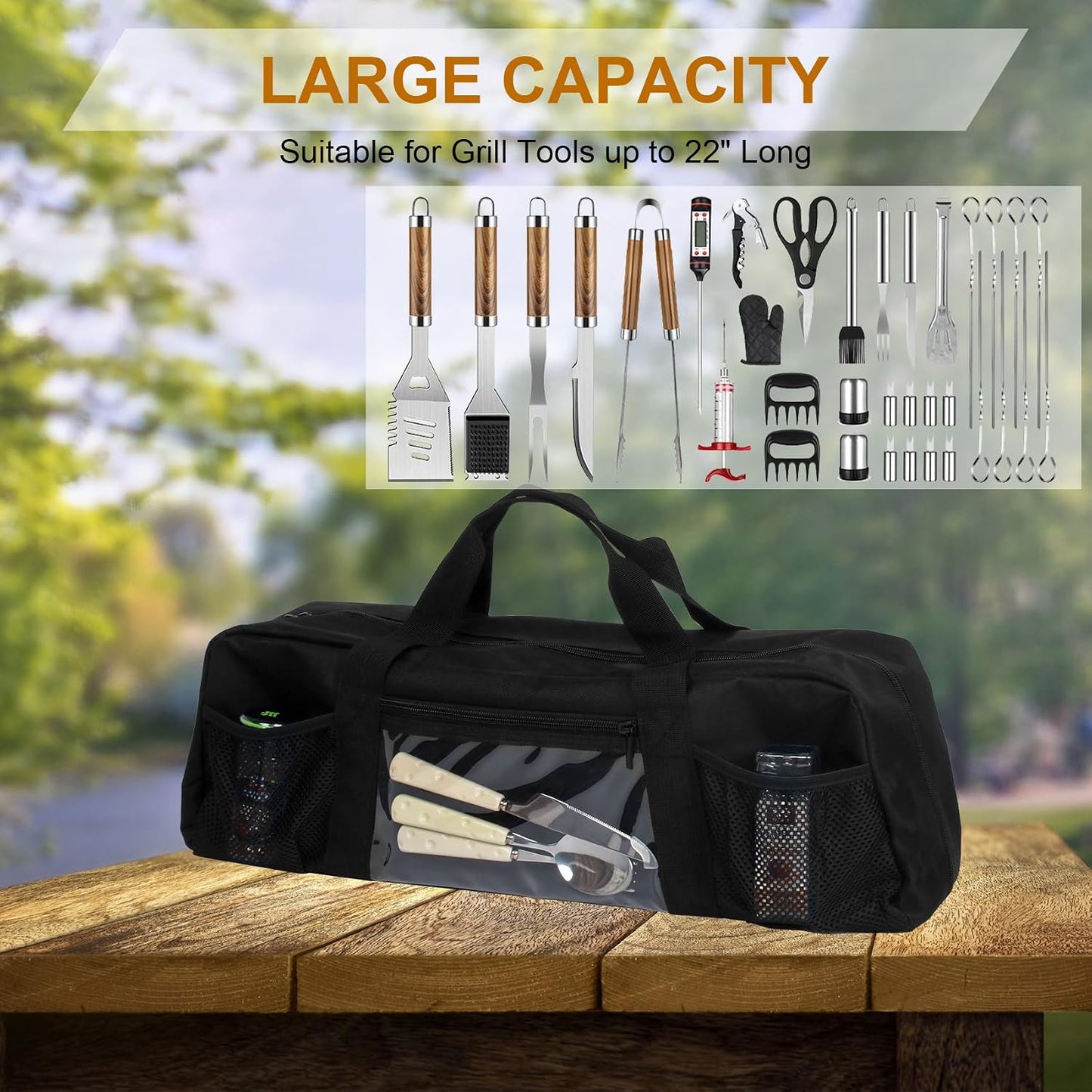 Grill Tools Storage Bag, BBQ Utensil Holder with Pockets, Grill Storage Container for Outdoor Camping & Hiking BBQ, for Barbecue Tool up to 22", Gift for Men, Green
