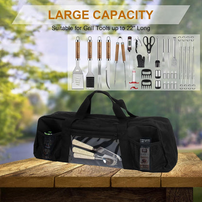 Grill Tools Storage Bag, BBQ Utensil Holder with Pockets, Grill Storage Container for Outdoor Camping & Hiking BBQ, for Barbecue Tool up to 22", Gift for Men, Green