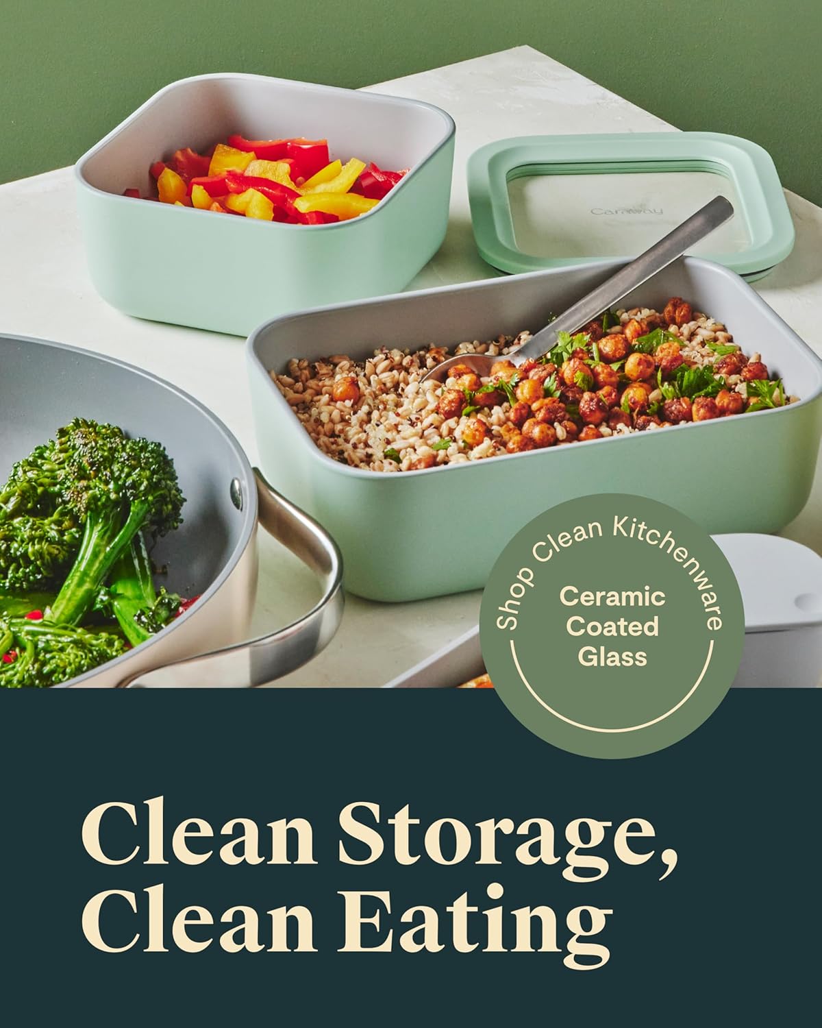 Caraway Glass Food Storage - 4.4 Cup Glass Container - Ceramic Coated - Easy to Store, Non Toxic, Non Stick Lunch Box Container with Lids - Dishwasher, Oven, & Microwave Safe - Mist