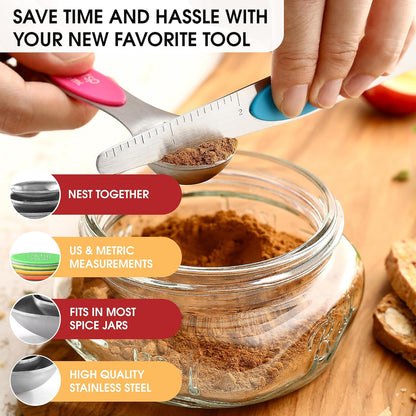 Spring Chef Stainless Steel Magnetic Measuring Spoons Set with Strong N45 Magnets, Heavy Duty Metal Kitchen Gadgets for Baking & Cooking, Fits in Most Kitchen Spice Jars, Set of 8 with Leveler, Black