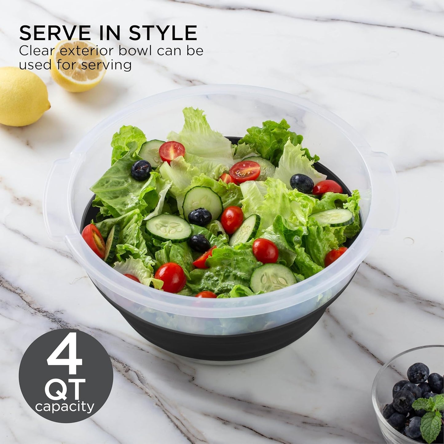 COOK WITH COLOR Collapsible Salad Spinner - 4 QT Space Saving Lettuce Dryer with Folding Collapsible Colander Great for Washing and Drying Fruit and Vegetables (Grey)