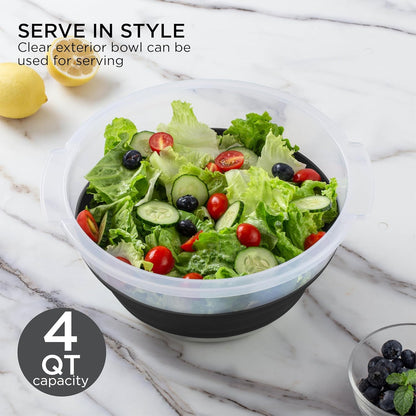 COOK WITH COLOR Collapsible Salad Spinner - 4 QT Space Saving Lettuce Dryer with Folding Collapsible Colander Great for Washing and Drying Fruit and Vegetables (Grey)