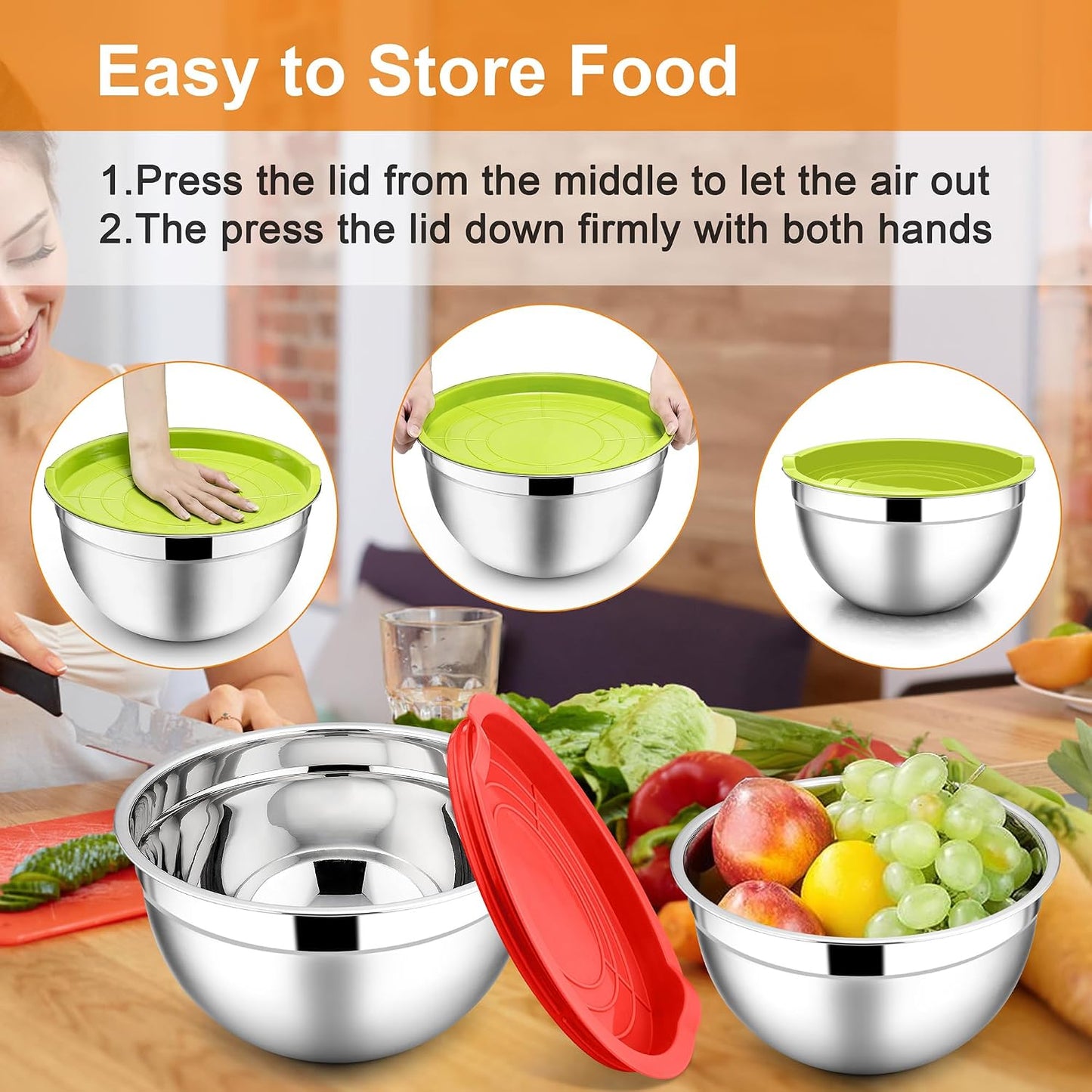 E-far Mixing Bowls With Lids Sets of 5, 10-Piece Stainless Steel Salad Metal Nesting Bowl for Baking Cooking and Prepping, Airtight Lid & Stackable Design, Size 4.6, 3, 2.1, 1.5, 0.7 QT, Black
