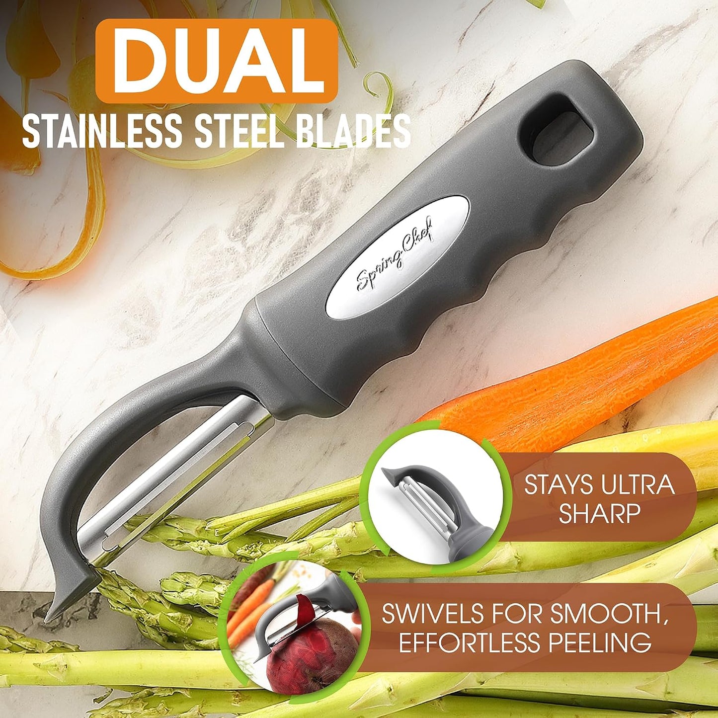 Spring Chef Premium Swivel Vegetable Peeler, Soft Grip Handle and Ultra Sharp Stainless Steel Blades - Perfect Kitchen Peeler For Veggie, Fruit, Potato, Carrot, Apple - Mango