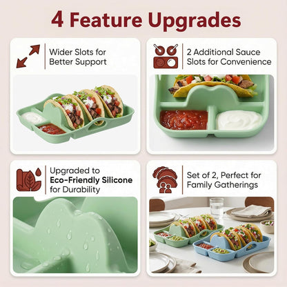 Li&Zhao Silicone Taco Holders Set of 2 - Reusable Taco Plates with Sauce Compartments, Microwave Safe, for Kitchen, Party, Fiesta,Soft Shell Tacos, Serving Taco Tray with Handle