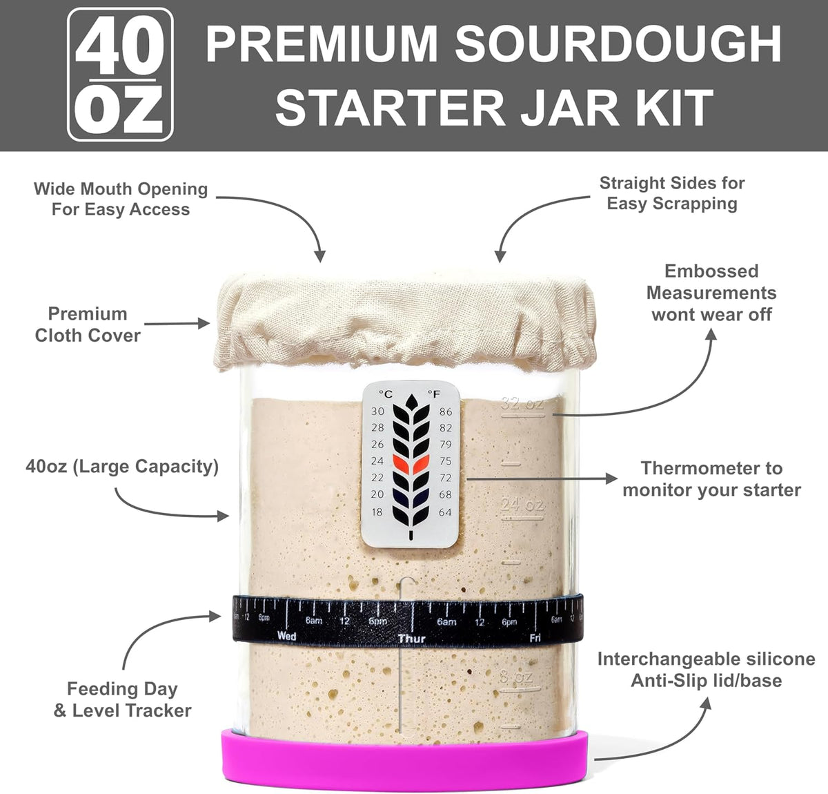 BALCI Premium Sourdough Starter Jar - 40oz Wide Mouth Kit (Blue)