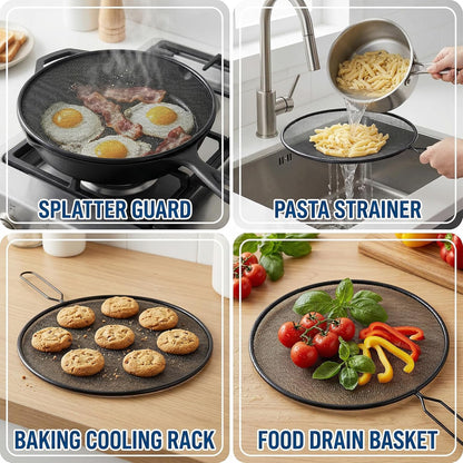Splatter Screen 8 Inch Stainless Steel Grease Splatter Screen Fine Spatter Shield Frying with Comfortable Handle for Cooking Shield from Splashing Oil (Black)
