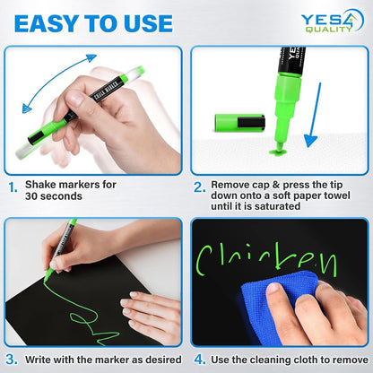 Magnetic Black Dry Erase Board for Fridge (12 x 8 inch), Stain-Resistant w/ 3 Magnetic, Fine-Tip Neon Chalk Markers & Eraser by Yes4Quality
