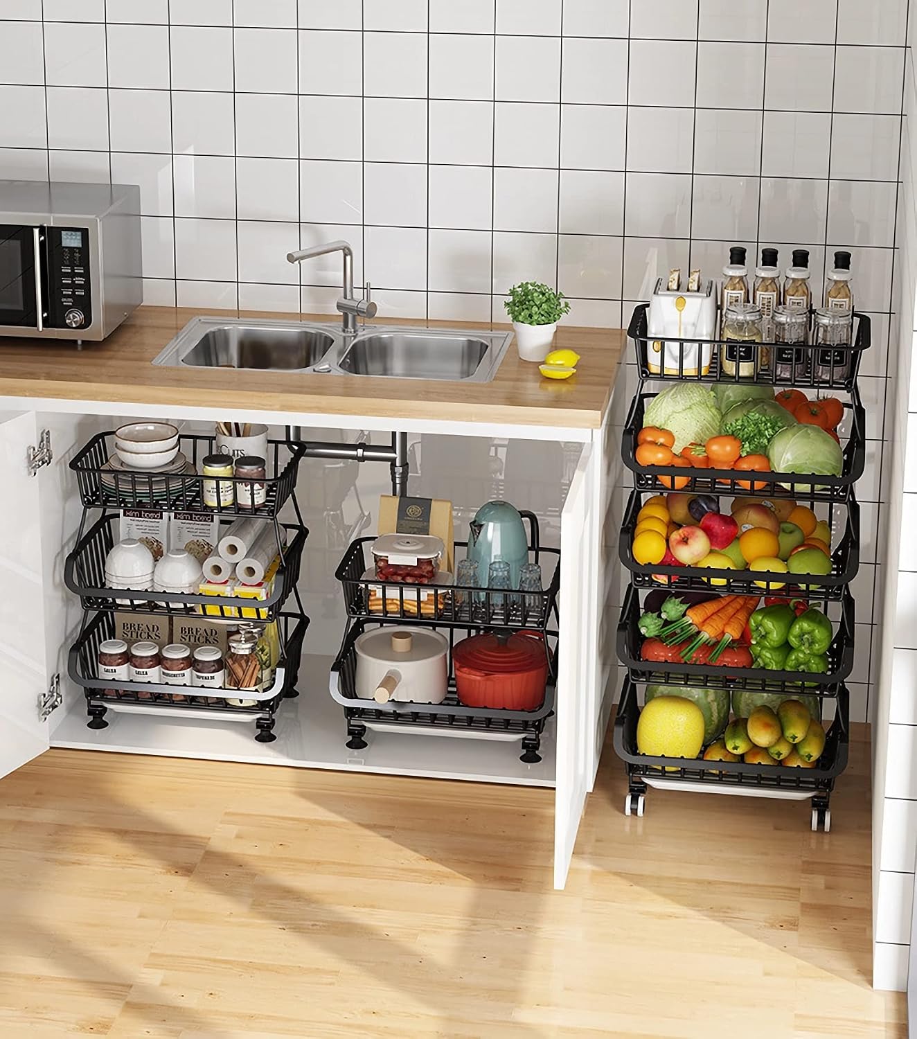 MURRI&MURRDI Fruit Vegetable Storage Basket with Wooden Lid, 6 Tier Stackable Wire Kitchen Cart with Wheels, Tall Produce Snack Racks Display, Narrow Rolling Cart for Pantry Onion Potato, Black